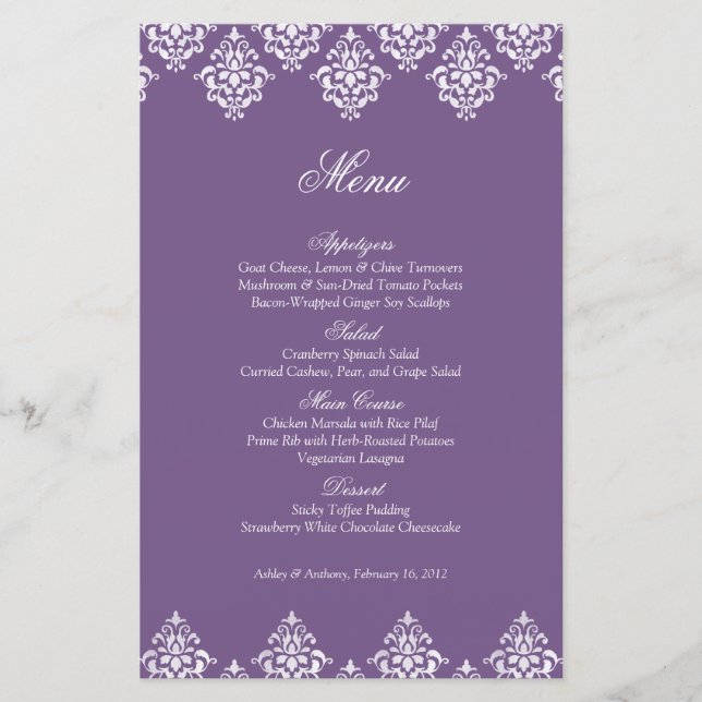Lila Karte des arabischen Hochzeitmenüs "White Dam (Vorderseite)