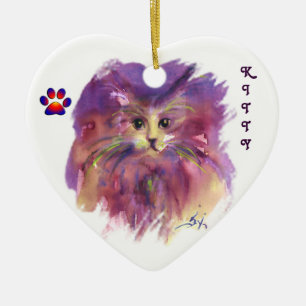 LILA KÄTZCHEN, KATZENPORTRAIT, Amethyst-Edelstein Keramikornament