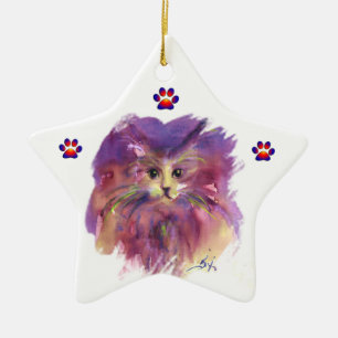 LILA KÄTZCHEN, KATZENPORTRAIT, Farbige Pfoten Keramikornament