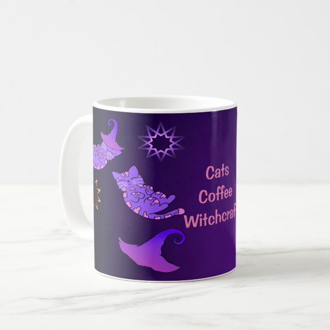 Lila Kätzchen mit Hexenhüten und Sternen Kaffeetasse (Vorderseite Links)