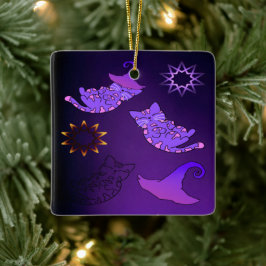 Lila Kätzchen mit Hexenhüten und Sternen Keramikornament