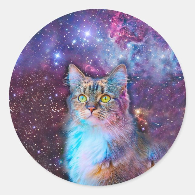 Lila Katze im All Runder Aufkleber (Vorderseite)