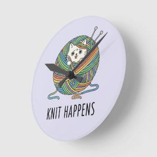 Lila Katzen-Garnballen-Grafik-Kunst-Wanduhr-Dekor Runde Wanduhr
