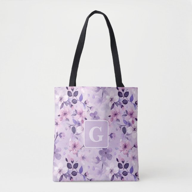 Lila Kirschblüten personalisierte Monogramm Tasche (Vorderseite)