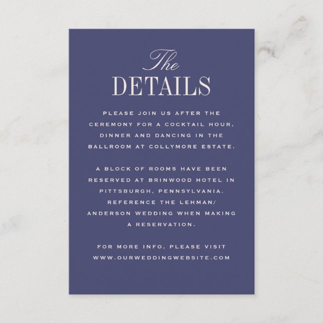 Lila klassische Elegance - Hochzeitdetails Begleitkarte (Vorderseite)