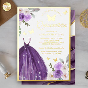Lila Kleid Blumen Schmetterling Quinceanera Gold Folieneinladung