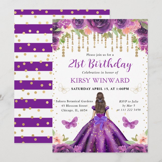 Lila Kleid Brünetten Haartracht Prinzessin Geburts Einladung (Vorne/Hinten)