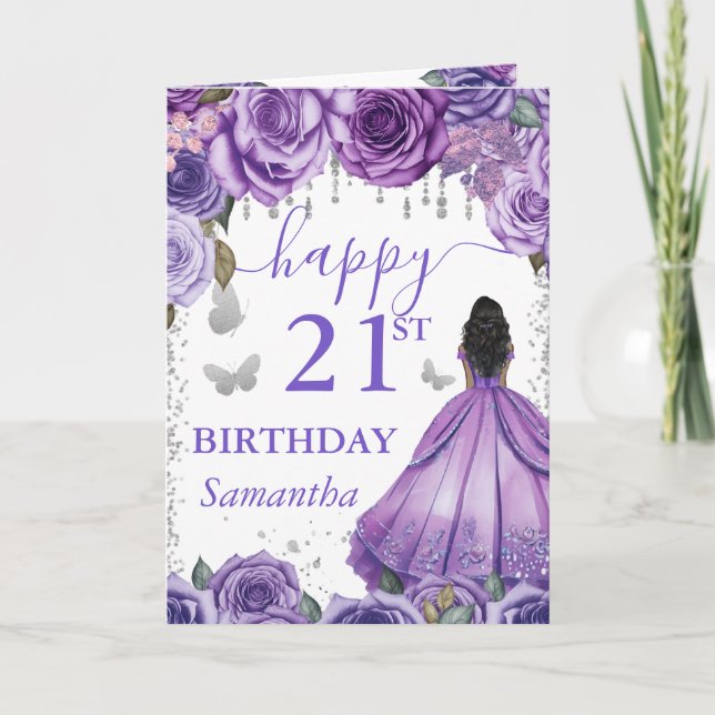 Lila Kleid Dark Skin Princess Geburtstag Karte (Vorderseite)