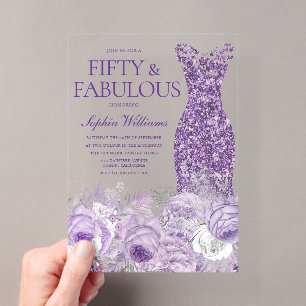 Lila Kleid Floral 50 & Fabulous 50. Geburtstag Acryleinladungen