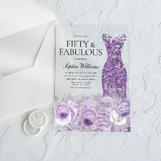 Lila Kleid floral 50 & Fabulous 50. Geburtstag Acryleinladungen