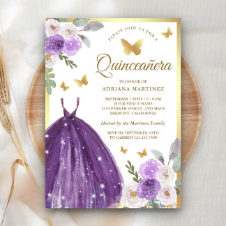 Lila Kleid Floral Butterfly Gold Quinceanera Einladung