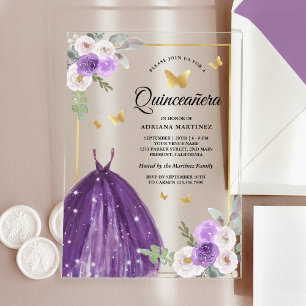 Lila Kleid Floral Schmetterling Gold Quinceanera Acryleinladungen