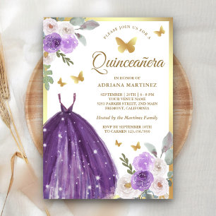 Lila Kleid Floral Schmetterling Gold Quinceanera Einladung