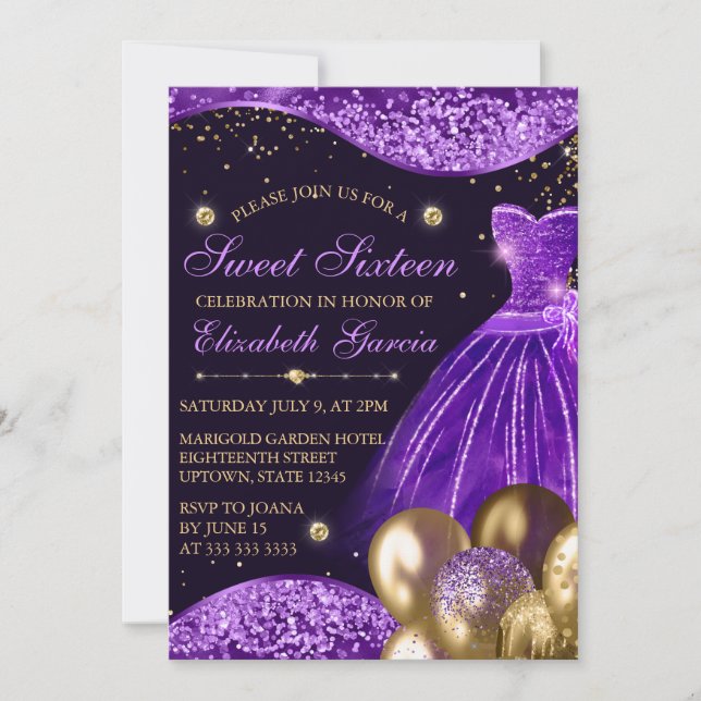 Lila Kleid & Gold Glitzer Balloons Sweet 16 Einladung (Vorderseite)