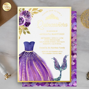 Lila Kleid Meerjungfrauenschwanz Quinceanera Gold Folieneinladung