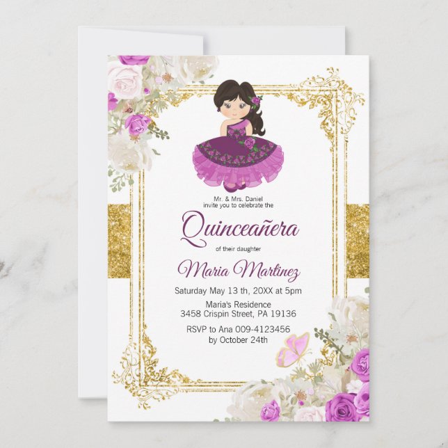 Lila Kleid Mexikos Charra Mis XV Anos 1 Einladung (Vorderseite)