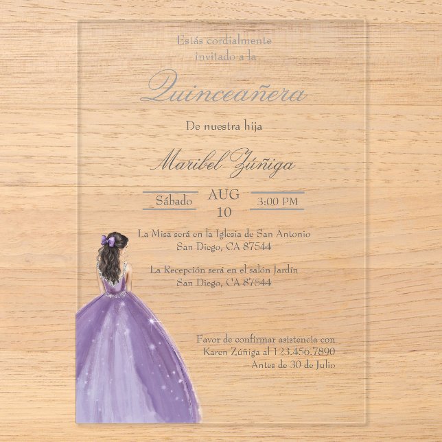 Lila Kleid Quinceanera Einladung (Vorderseite)