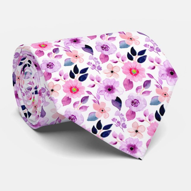 Lila kleine Blume Blumenmuster Neck Tie Krawatte (Gerollt)