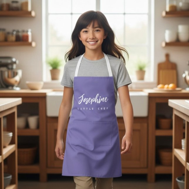 Lila kleiner Koch Skriptname personalisiert Kids Schürze (Stylish, purple, personalized kids apron)