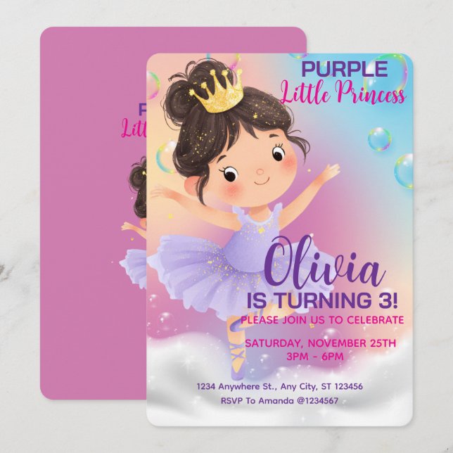 Lila kleiner Princess-Ball Einladung (Vorne/Hinten)