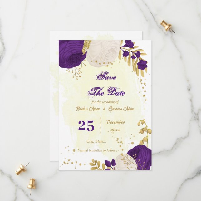 lila königliche Blume, botanisch Save The Date (Vorderseite/Rückseite Beispiel)