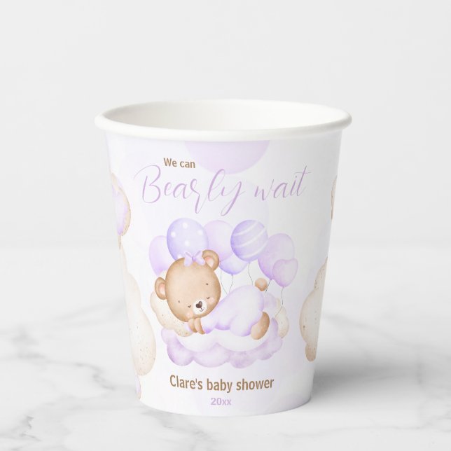 Lila können wir Babyduschpapiertaschen frühzeitig  Pappbecher (Vorderseite)
