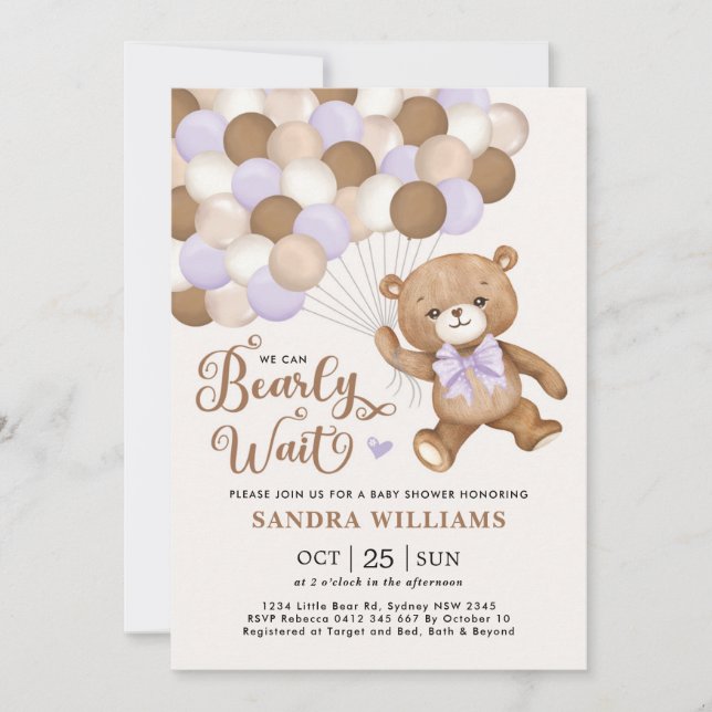 Lila können wir die Teddy Bear Baby Dusche warten Einladung (Vorderseite)