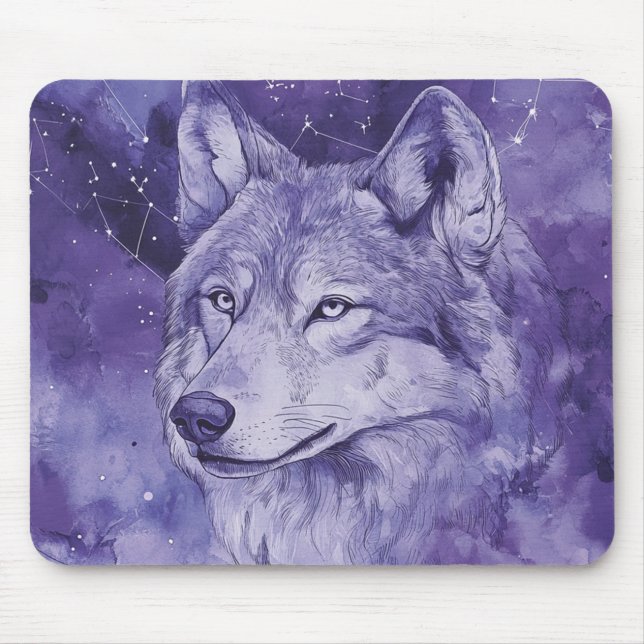 Lila Kosmischer Wolf Wasserfarbe Mousepad (Vorne)