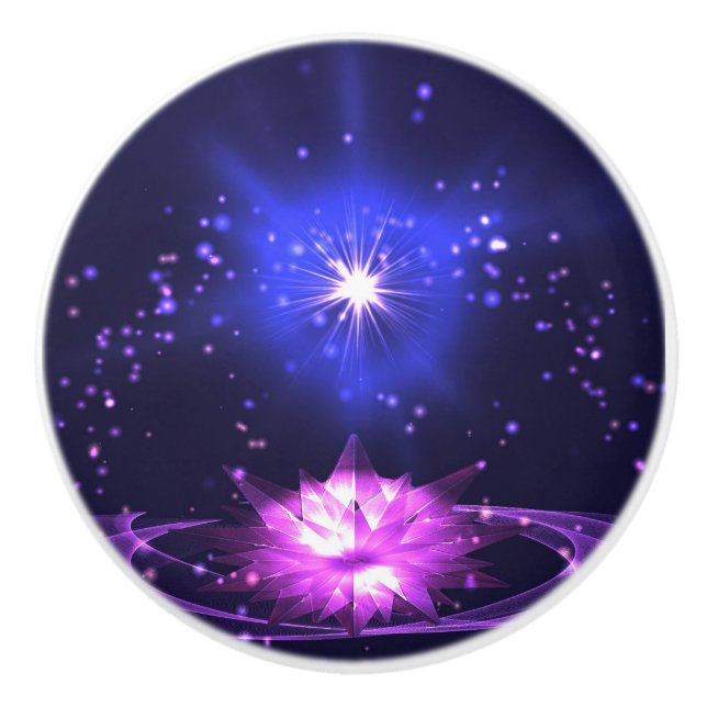 Lila kosmischer Zen Crystal Lotus Blume Stars Keramikknauf (Vorderseite)