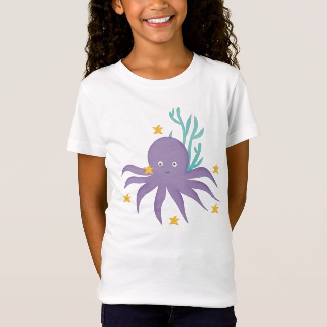 Lila Krake mit Seesternen und Unterwasserpflanze T-Shirt (Vorderseite)