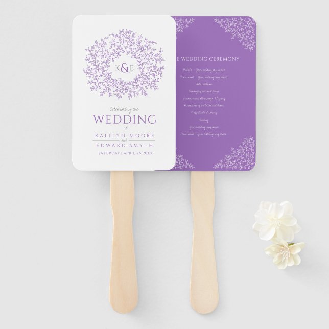 Lila Kreis von Blätter Monogramm Hochzeitsprogramm Fächer (Vorne und Hinten)