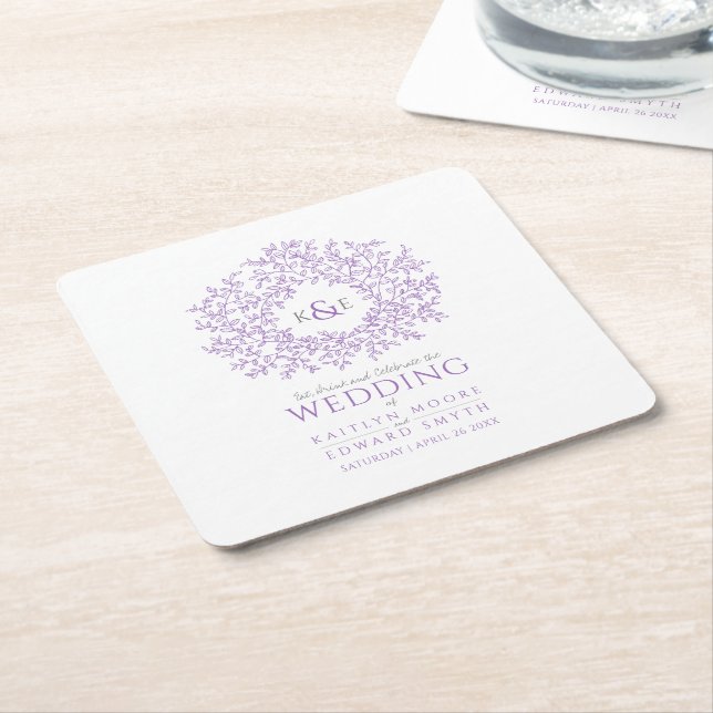 Lila Kreisblätter zeichnend Monogramm-Hochzeit Rechteckiger Pappuntersetzer (angewinkelt)