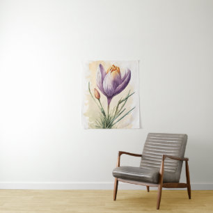 Lila Krokus-Blumen-Wasserfarben-Wandkunst Wandteppich