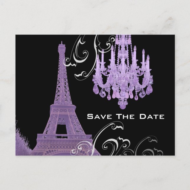 Lila Kronleuchter - Effielturm Save the Date Ankündigungspostkarte (Vorderseite)