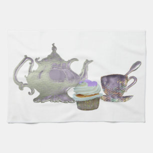Lila Kuchen-Herzen, Teekanne und Teacup-Kunst Küchentuch