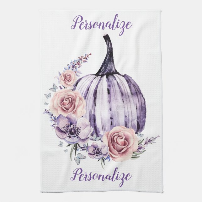 Lila Kürbis niedlicher blumenreicher Herbst Blume Geschirrtuch (Vertikal)