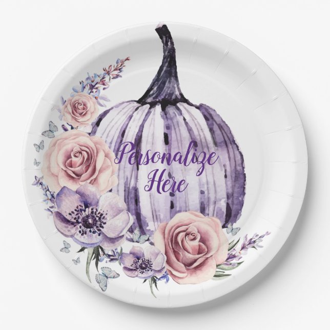 Lila Kürbis niedlicher blumenreicher Herbst Blume Pappteller (Vorderseite)