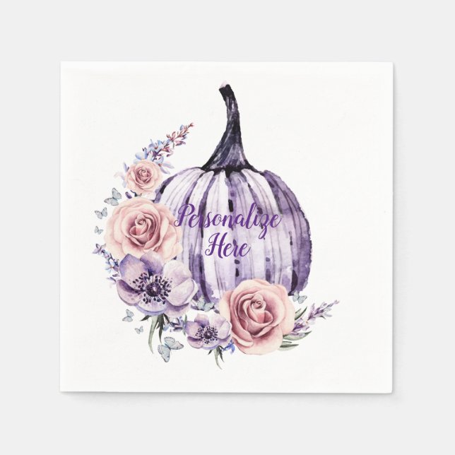 Lila Kürbis niedlicher blumenreicher Herbst Blume Serviette (Vorderseite)