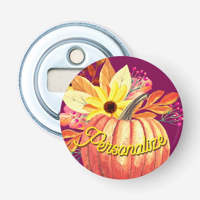 Lila Kürbiswein mit Blumenorange Flaschenöffner (Vorderseite)