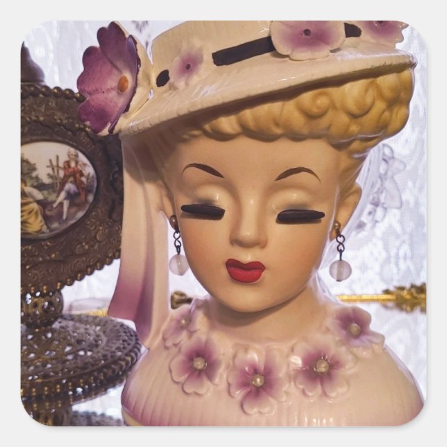 Lila Lady Head Vase Blume Parfüm Flasche Quadratischer Aufkleber (Vorderseite)
