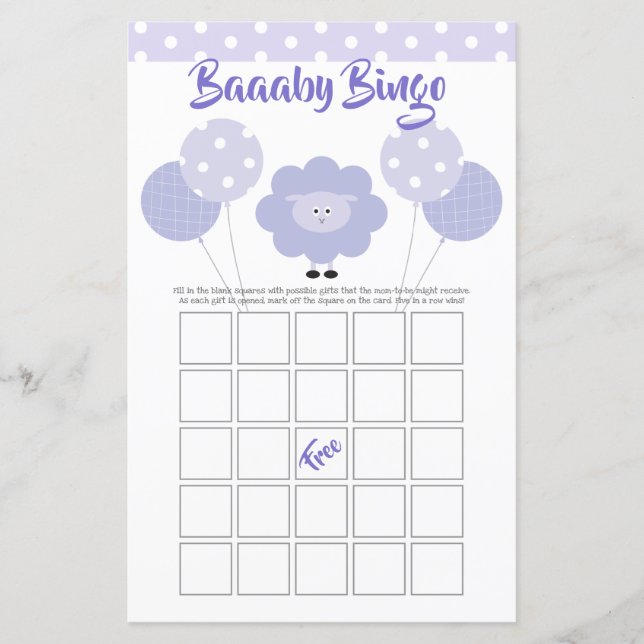 Lila Lamb Baby Dusche Niedlich Sweet Bingo Game Ca (Vorderseite)
