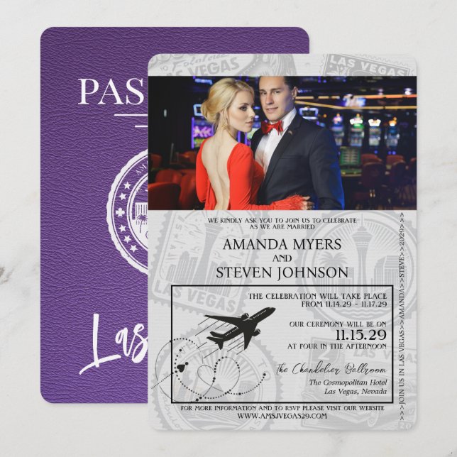 Lila Las Vegas Passport Hochzeit Einladung (Vorne/Hinten)