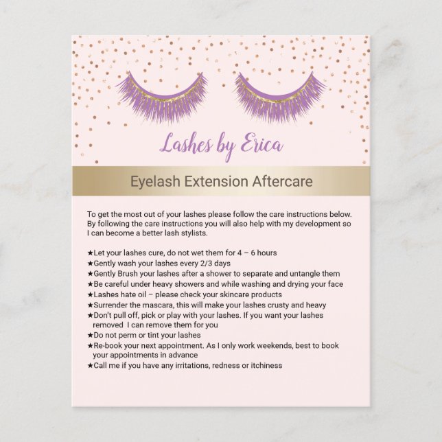 Lila Lashes Salon Eyelash Aftercare Instruktion Flyer (Vorne)
