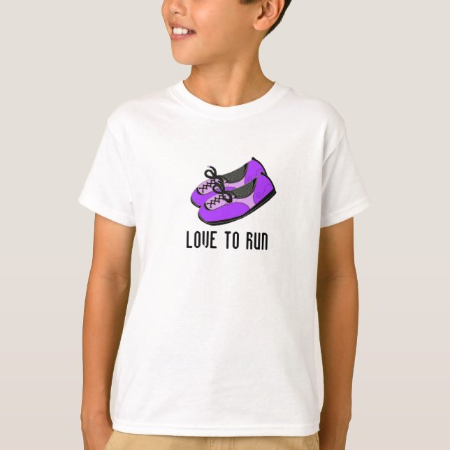 Lila Laufschuhe mit Sprichwort T-Shirt (Vorderseite)