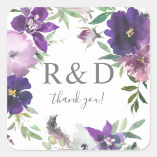 Lila Lava & Violet Floral Monogramm - Quadratischer Aufkleber