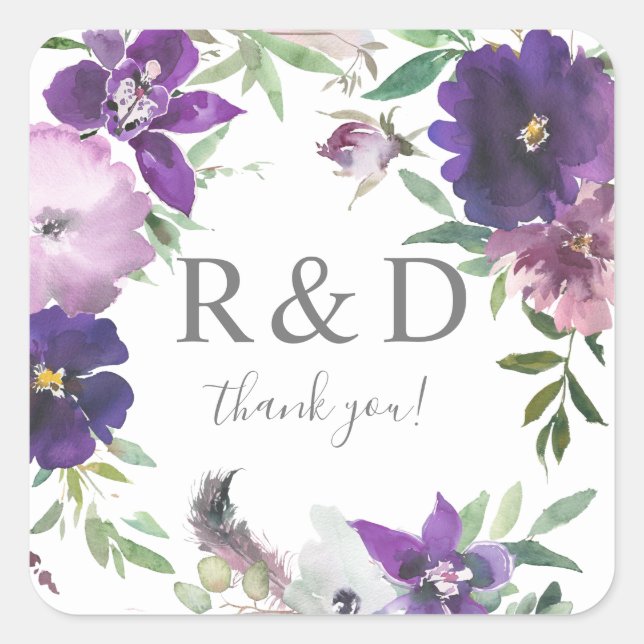 Lila Lava & Violet Floral Monogramm - Quadratischer Aufkleber (Vorderseite)