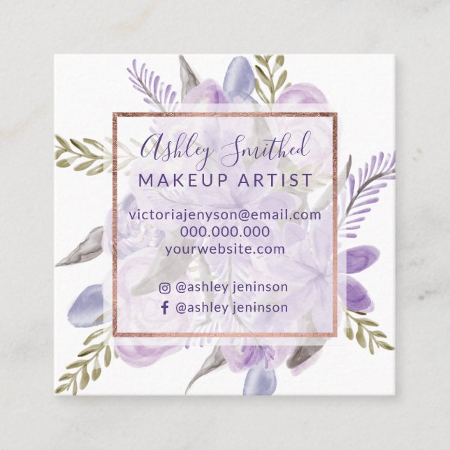 Lila Lavendel Aquarell Rose Goldschminke Quadratische Visitenkarte (Vorderseite)