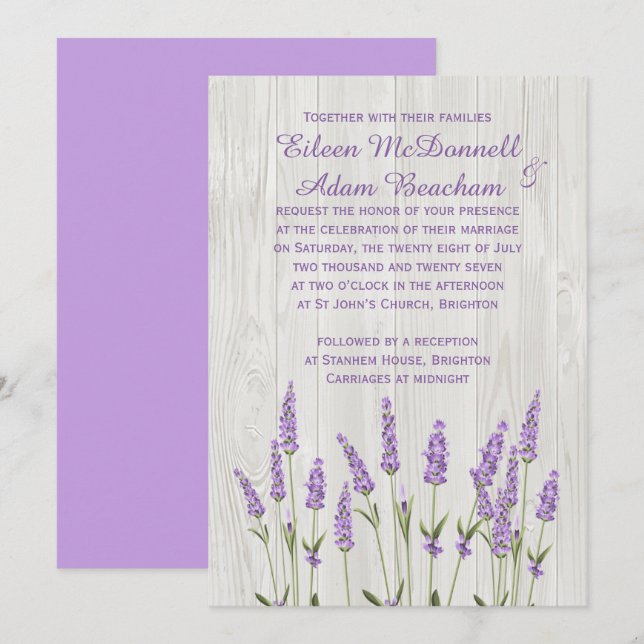 Lila Lavendel-Blume auf Holzhochzeit Einladung (Vorne/Hinten)