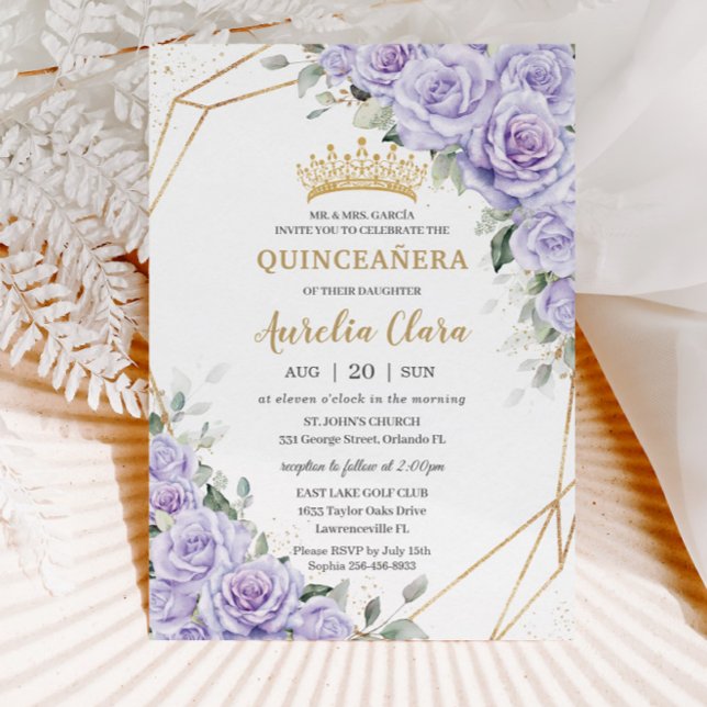 Lila Lavendel Blume Gold Quinceñera Einladung (Von Creator hochgeladen)