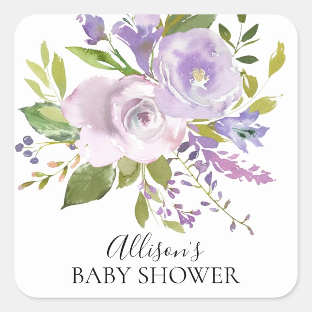 Lila Lavendel Blume Kinderdusche Umschlag Aufklebe Quadratischer Aufkleber (Vorderseite)